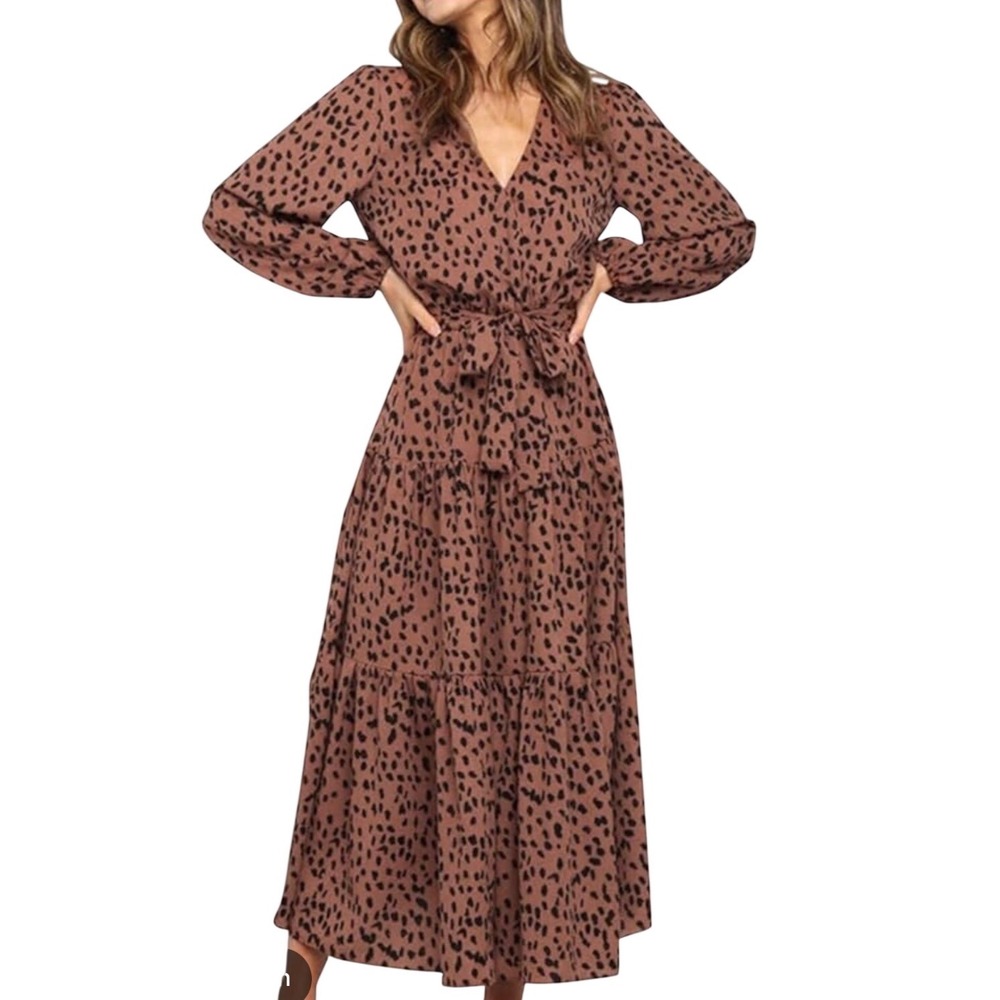 Petal and Pup Rust Brown Animal Print Tiered Maxi Dress Long Sleeve Size 4